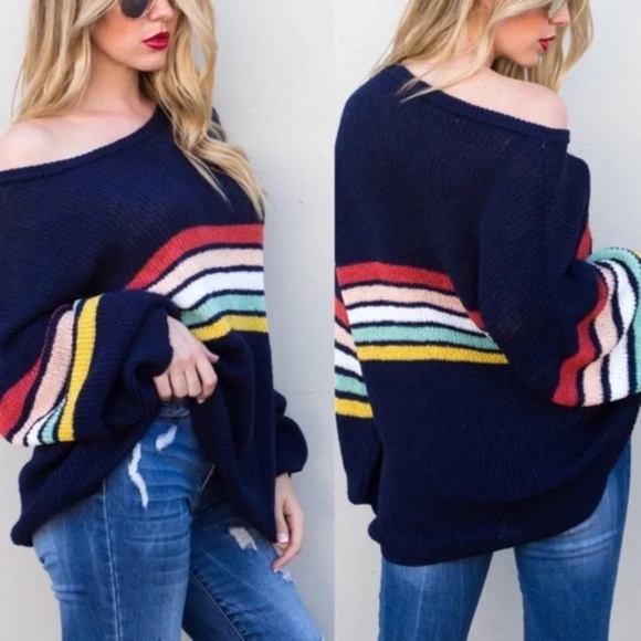 #4 - Cozy Navy Striped Oversized Sweater Top - Picture 3 of 3